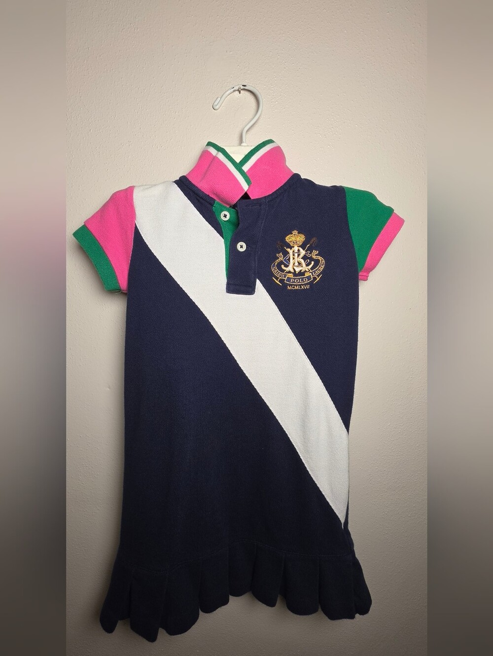 Polo by Ralph Lauren Navy Dress with White Diagonal Stripe & Pink Green Accents